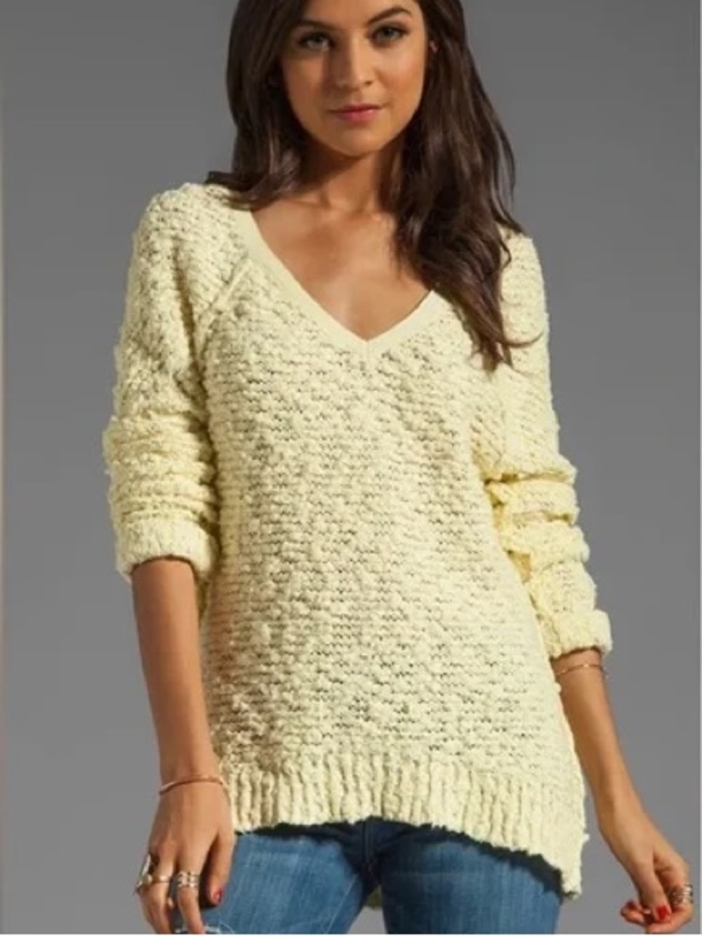 Vintage Free People shaggy Songbird sweater in butter yellow